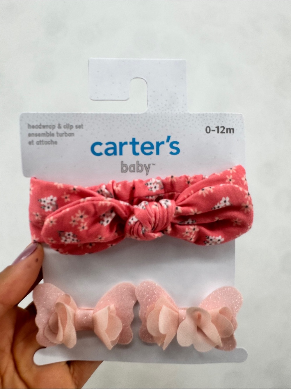 Carter's‎ baby headband and clip set with pink floral print, size 0-12 months.